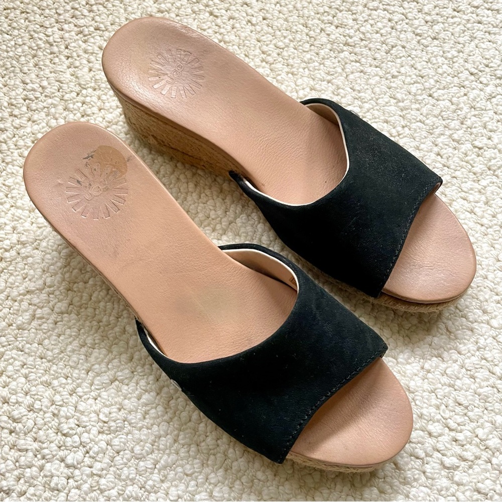UGG Black Suede Espadrille Wedge Mules Comfort Insole